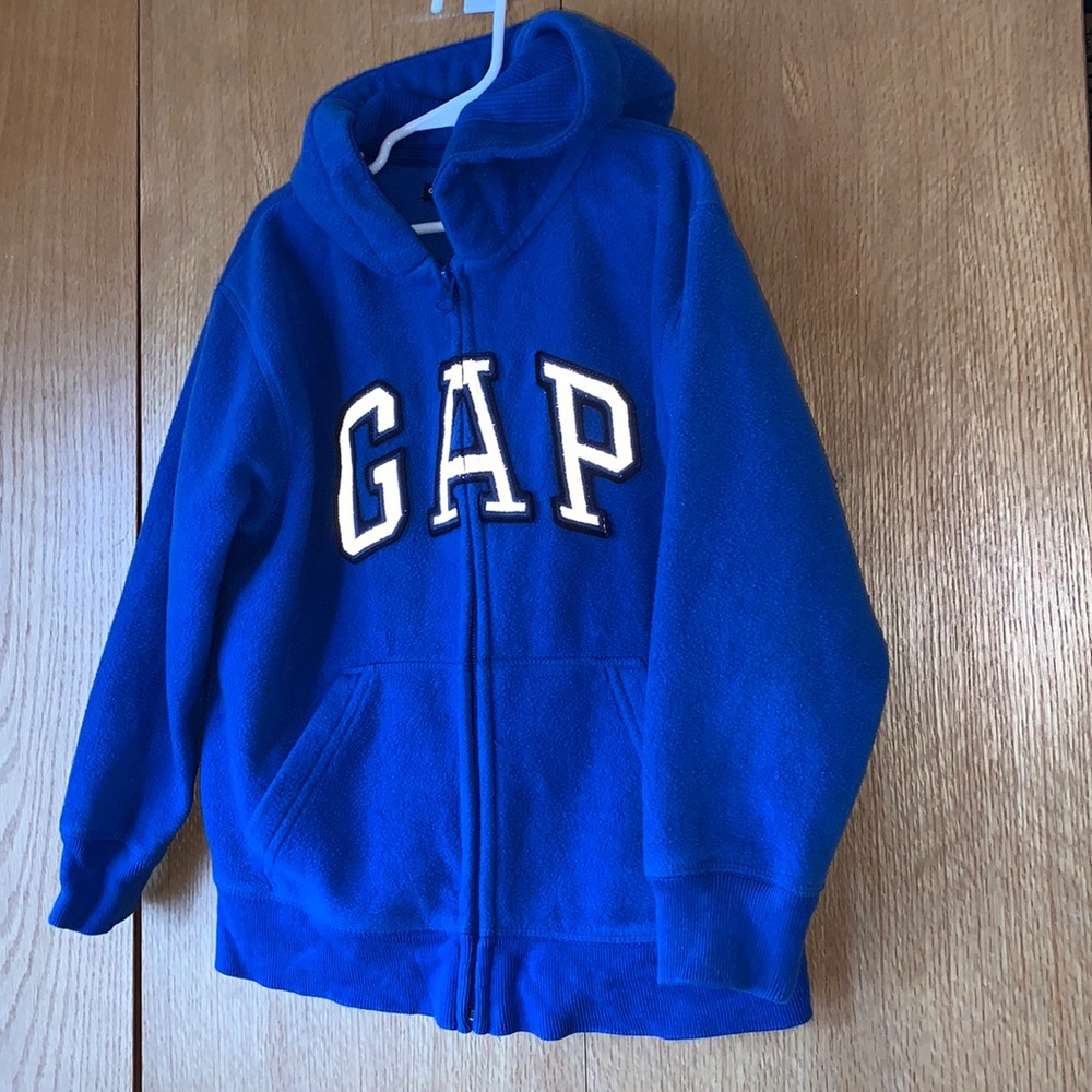 GAP Kids Small 6 - 7 fleece hoodie royal blue reflective silver logo black EUC